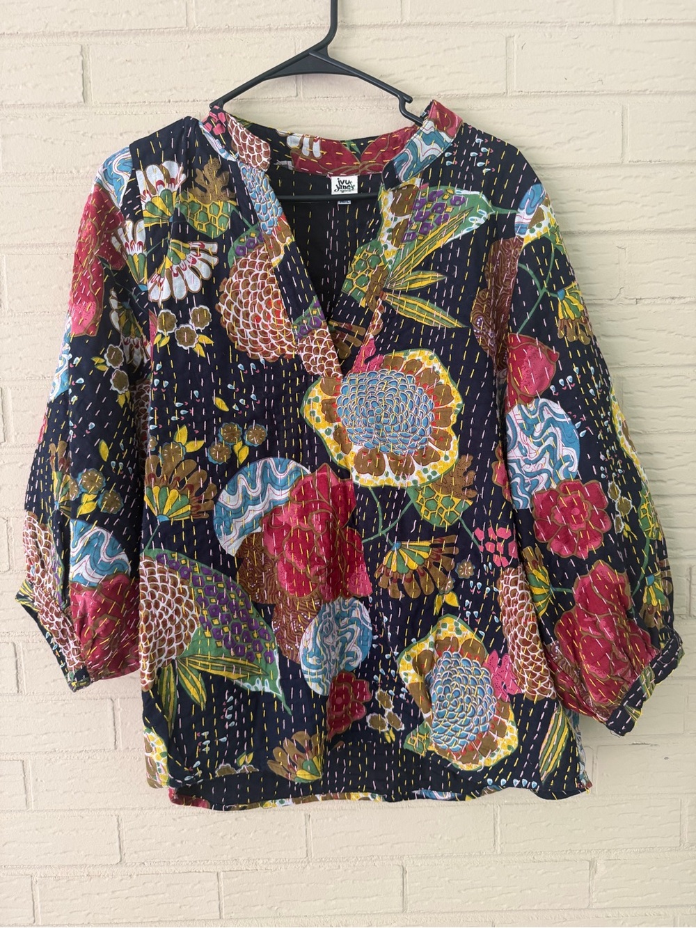 Ivy Jane Boho Floral V-Neck Women’s Top in Navy and Multicolor